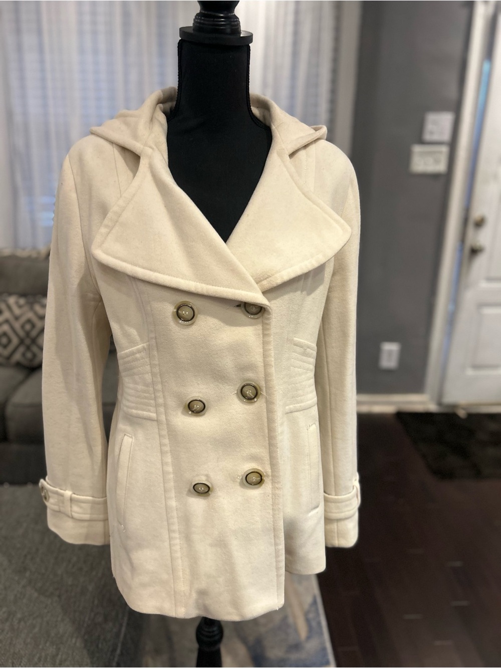 Kenneth Cole Reaction Cream Double-Breasted Hooded Peacoat - Picture 3 of 3